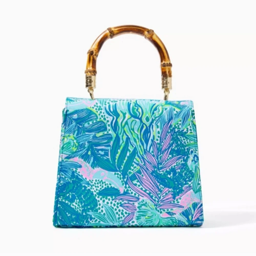 New Lilly Pulitzer Bamboo Top Handle Bag Botanical Green - Picture 2 of 6